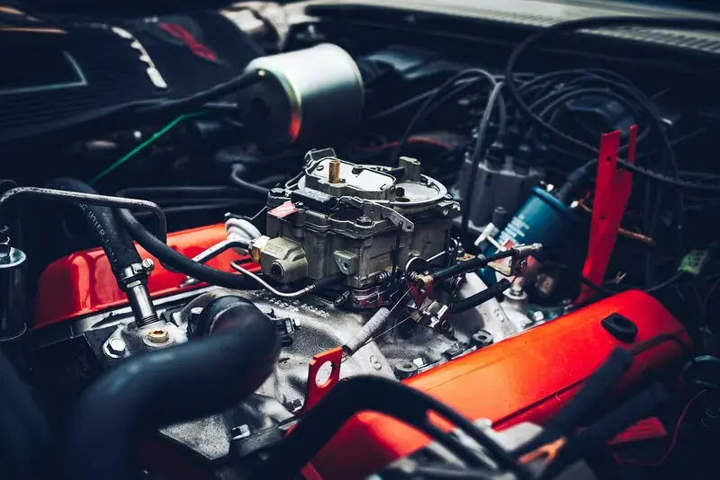 A close up of the engine of a car